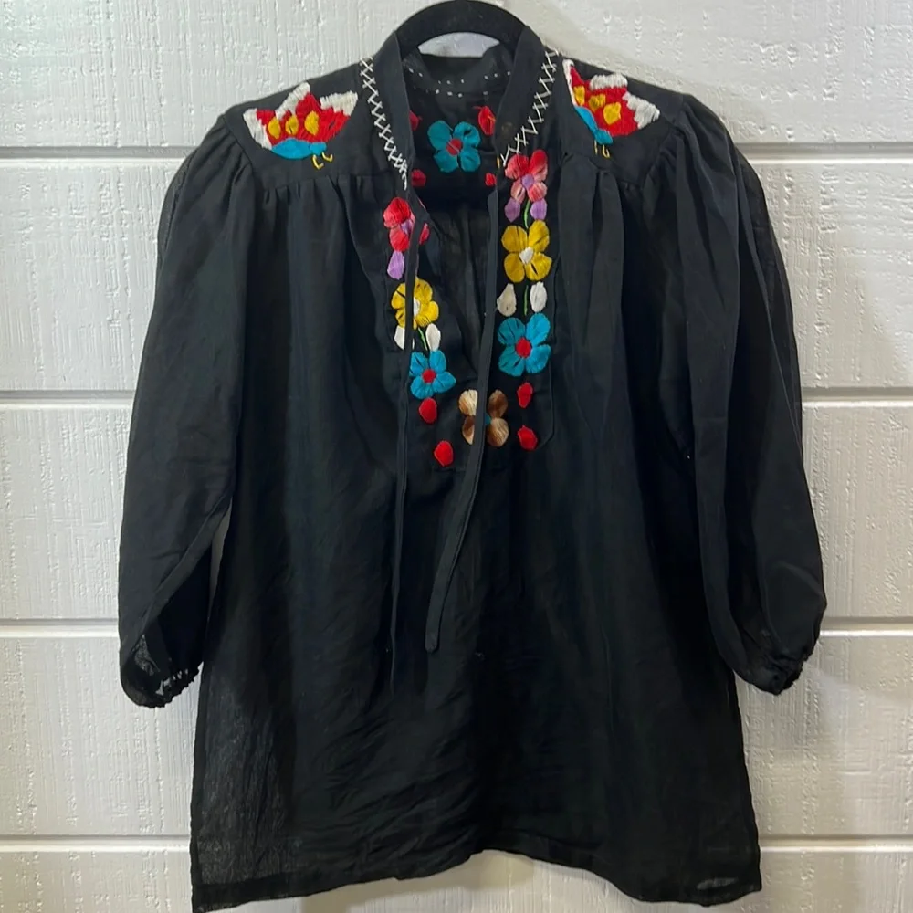 Vintage 1960/70 cotton voile embroidered tunic - Picture 1 of 3